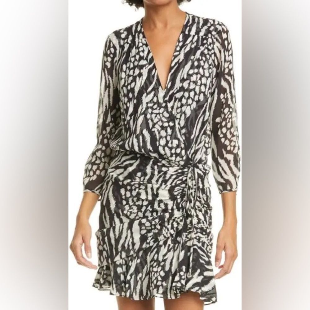Veronica Beard Teagan Ruched Black/White Faux Wrap Silk Dress. Size 8.